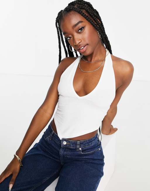 ASOS DESIGN - Top allacciato al collo con scollo profondo e fondo a punta bianco