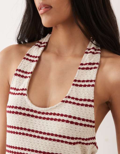 ASOS DESIGN - Top allacciato al collo con scollo rotondo all'uncinetto écru e rosso a righe in coordinato, 2 di 4