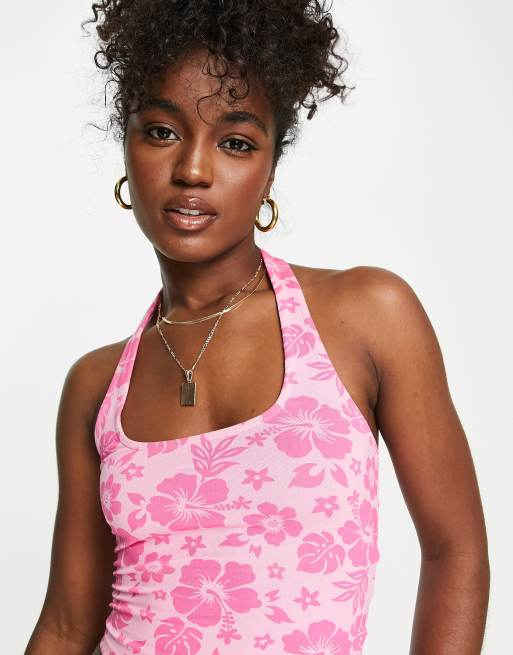 ASOS DESIGN - Top allacciato al collo con scollo rotondo e stampa hawaiana, colore rosa