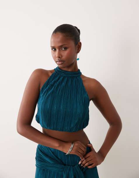 ASOS DESIGN - Top allacciato al collo corto plissettato a palloncino verde-azzurro in coordinato - view 1