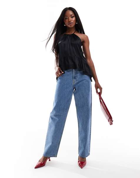 ASOS DESIGN - Top allacciato al collo e accollato nero in raso - view 1