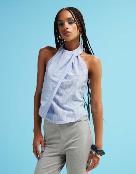 ASOS DESIGN - Top allacciato al collo e sulla schiena in popeline a righe - view 1