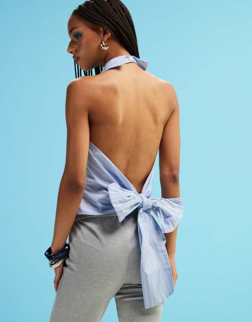 ASOS DESIGN - Top allacciato al collo e sulla schiena in popeline a righe, 2 di 4