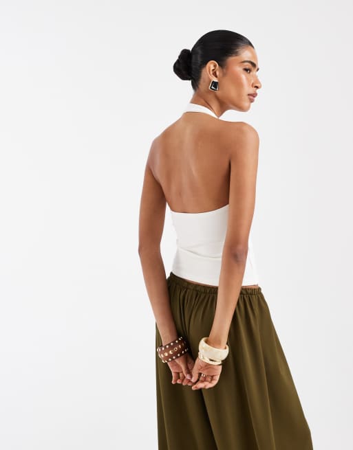 ASOS DESIGN - Top allacciato al collo in cotone compatto color avorio, 2 di 4
