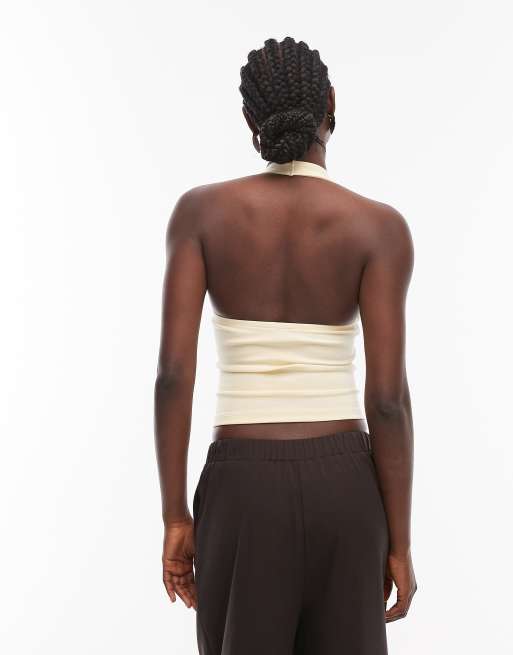 ASOS DESIGN - Top allacciato al collo in cotone compatto color latticello, 2 di 4