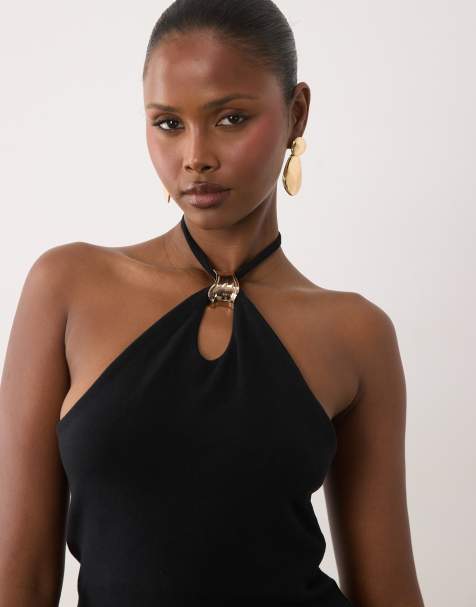 ASOS DESIGN - Top allacciato al collo in cotone compatto nero con finiture oro e cut-out a goccia - view 1
