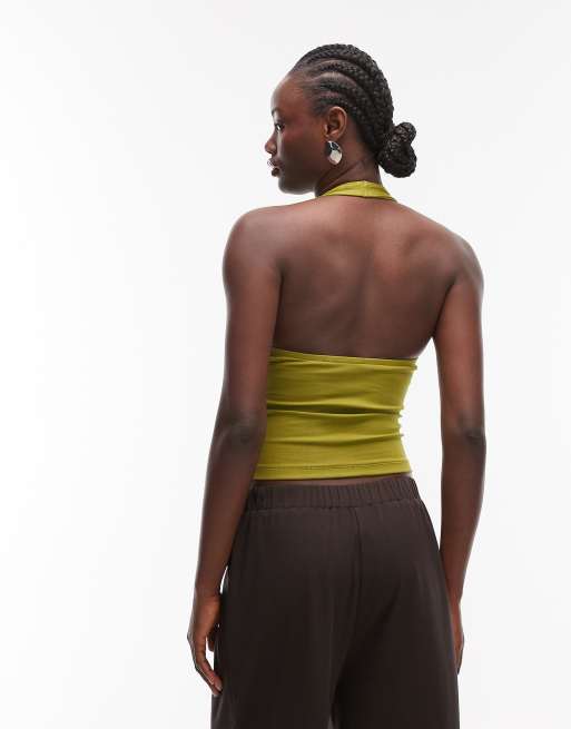 ASOS DESIGN - Top allacciato al collo in cotone compatto verde, 3 di 4