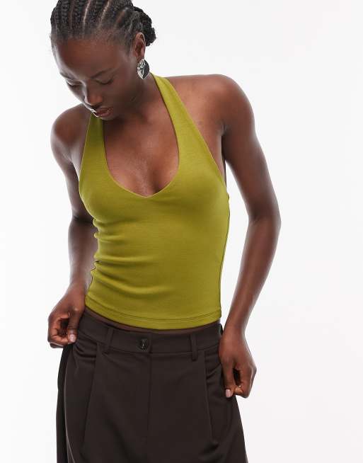 ASOS DESIGN - Top allacciato al collo in cotone compatto verde, 4 di 4