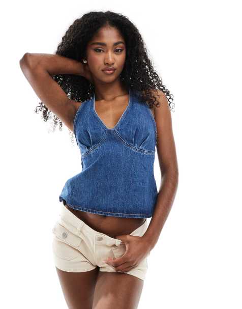 ASOS DESIGN - Top allacciato al collo in denim con pinces - view 1