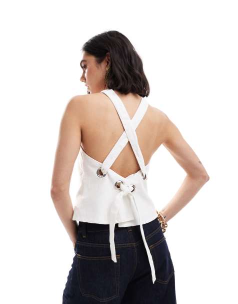 ASOS DESIGN - Top allacciato al collo in lino bianco con occhielli - view 1