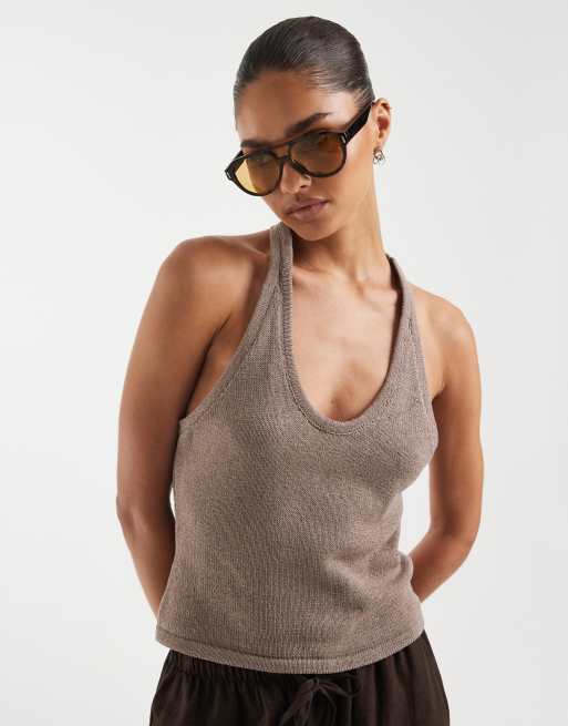 ASOS DESIGN - Top allacciato al collo in maglia color moka con perline, 4 di 4