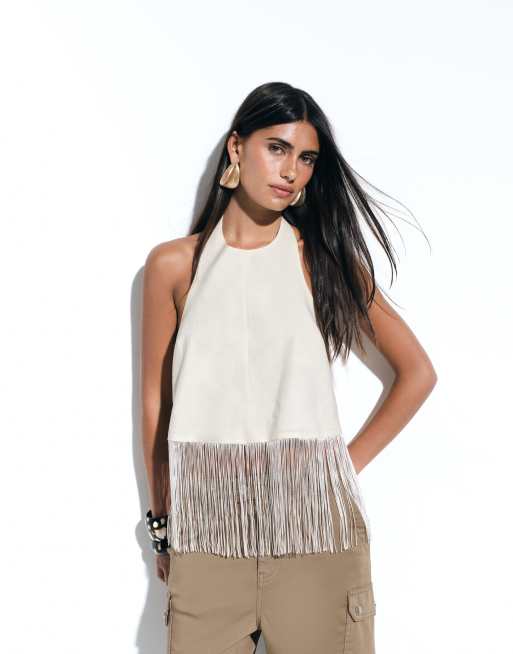 ASOS DESIGN - Top allacciato al collo in misto lino color avorio con frange