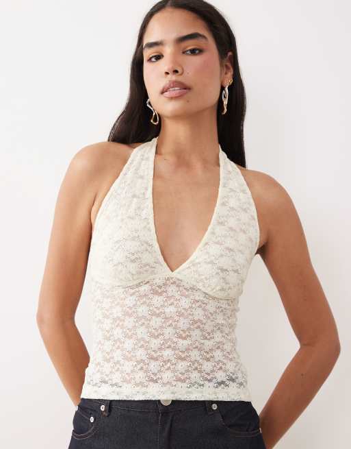 ASOS DESIGN - Top allacciato al collo in pizzo color latticello, 3 di 4