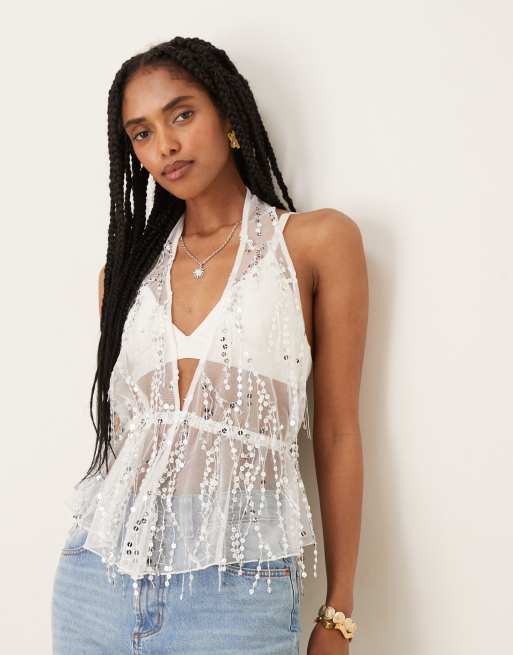 ASOS DESIGN - Top allacciato al collo in rete con paillettes grigio