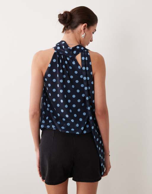ASOS DESIGN - Top allacciato al collo in rete con stampa a pois e fondo a palloncino, 4 di 4