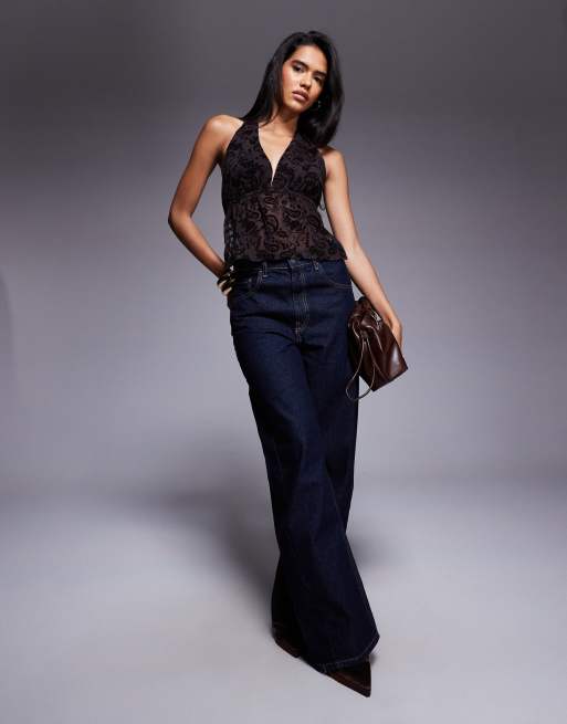 ASOS DESIGN - Top allacciato al collo in rete nero trasparente floccato a fiori con schiena scoperta, 4 di 4
