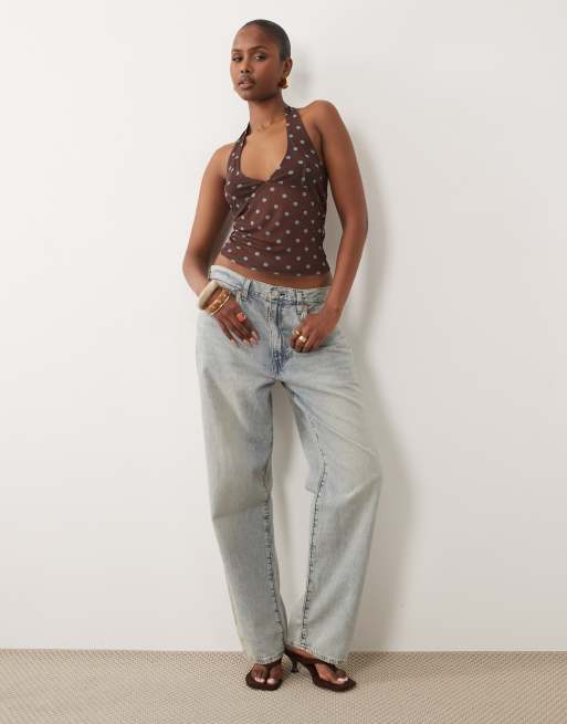 ASOS DESIGN - Top allacciato al collo in rete trasparente marrone a pois, 2 di 4