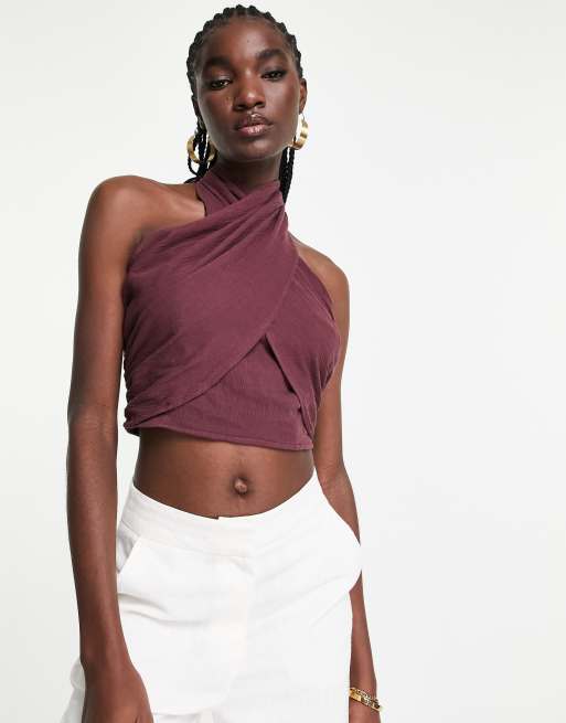 ASOS DESIGN - Top allacciato al collo in tessuto naturale stropicciato color cioccolato arricciato in vita
