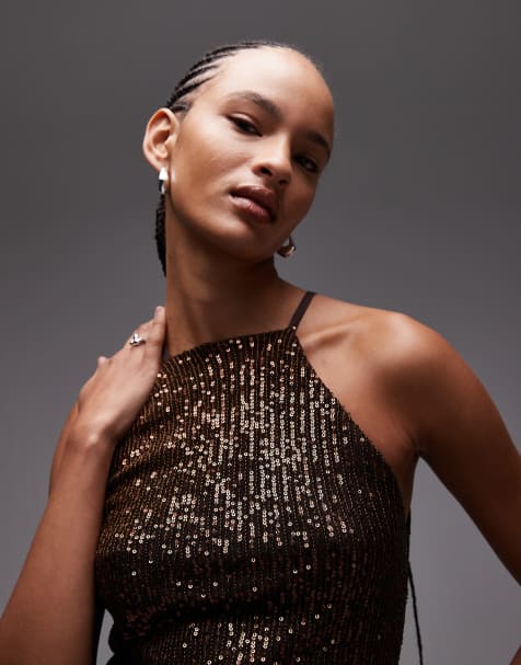 ASOS DESIGN - Top allacciato al collo marrone con paillettes - view 1