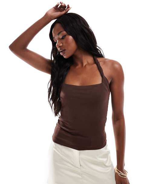 ASOS DESIGN - Top allacciato al collo marrone con spalline intrecciate - view 1