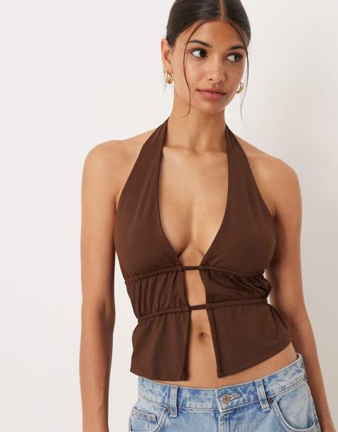 ASOS DESIGN - Top allacciato al collo marrone in poliammide con arricciature in vita - view 1