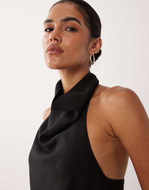 ASOS DESIGN - Top allacciato al collo nero in misto lino drappeggiato - view 1