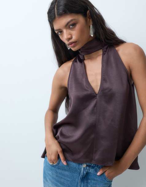 ASOS DESIGN top allacciato al collo sartoriale in raso con schiena aperta color uva passa - view 1