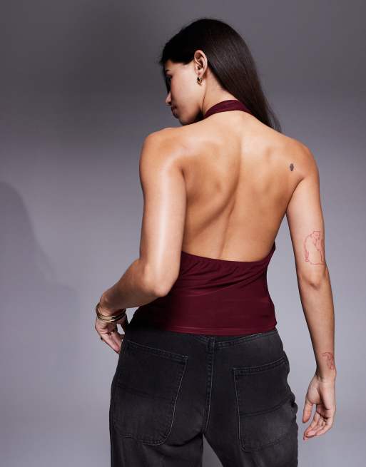 ASOS DESIGN - Top allacciato al collo sinuoso bordeaux con orlo asimmetrico e scollo ad anello, 3 di 4