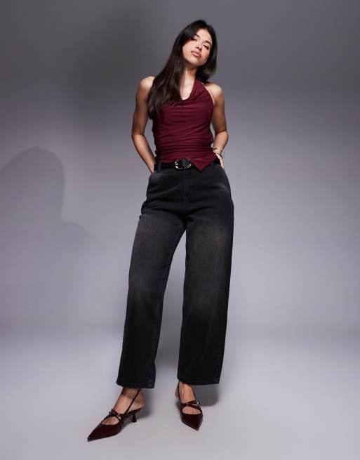 ASOS DESIGN - Top allacciato al collo sinuoso bordeaux con orlo asimmetrico e scollo ad anello, 4 di 4