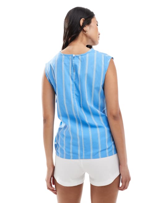 ASOS DESIGN - Top allacciato sul davanti a righe blu e gialle con cintura in vita, 4 di 4
