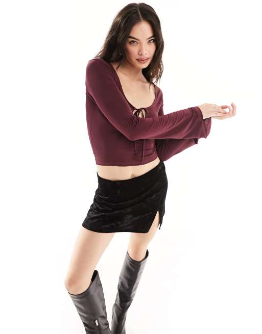 ASOS DESIGN - Top allacciato sul davanti color vino con maniche a pipistrello