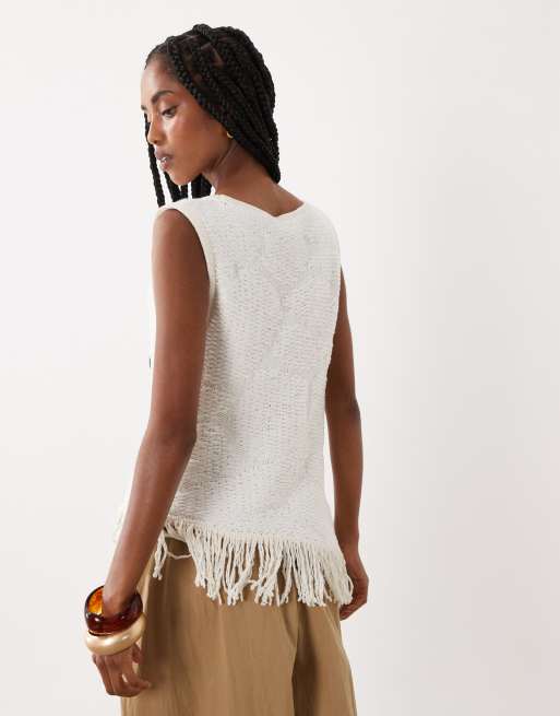 ASOS DESIGN top all'uncinetto con frange a scaletta bianco, 4 di 4