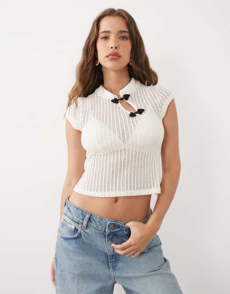 ASOS DESIGN top all'uncinetto con maniche corte stile mandarino color crema - view 1
