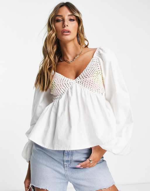ASOS DESIGN - Top all'uncinetto con scollo a V, maniche con volant e fondo a peplo colori pastello misti 