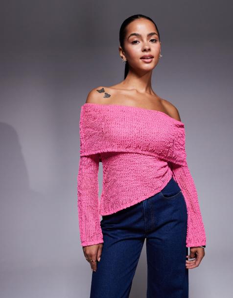 ASOS DESIGN - Top all'uncinetto rosa acceso semitrasparente con fondo asimmetrico e scollo alla Bardot - view 1