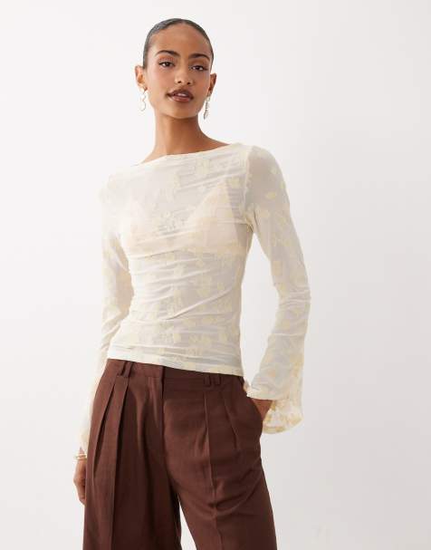 ASOS DESIGN - Top amarillo crema con mangas acampanadas y diseño floral de malla flocada - view 1