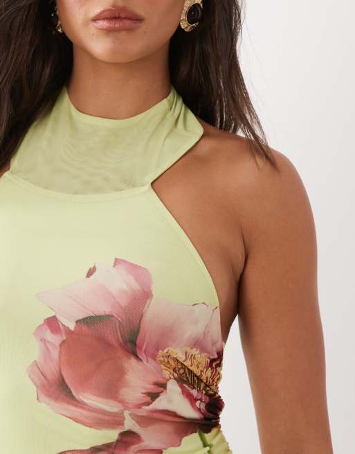 ASOS DESIGN - Top amarillo limón estampado con estampado floral extragrande y cordones en la espalda de malla, 2 de 4