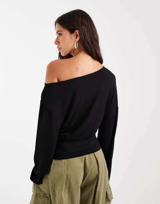 ASOS DESIGN top ample à épaules dénudées, manches longues, taille cintrée, noir, 3 de 4