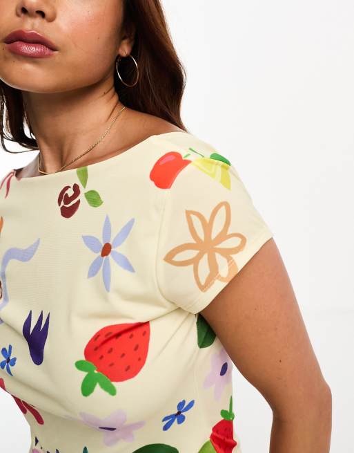 ASOS DESIGN - Top aperto dietro con scollo a barchetta e stampa di frutta in coordinato, 3 di 4