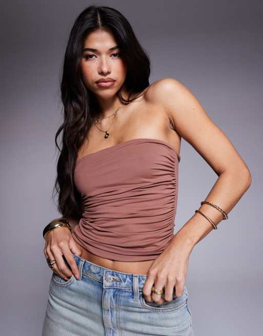 ASOS DESIGN - Top arricciato a fascia color cioccolato con orlo a punta