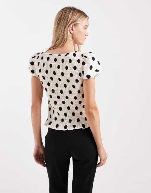ASOS DESIGN - Top arricciato a maniche corte color crema a pois, 4 di 4