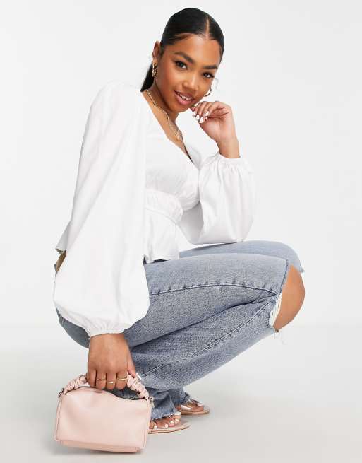 ASOS DESIGN - Top arricciato a maniche lunghe bianco