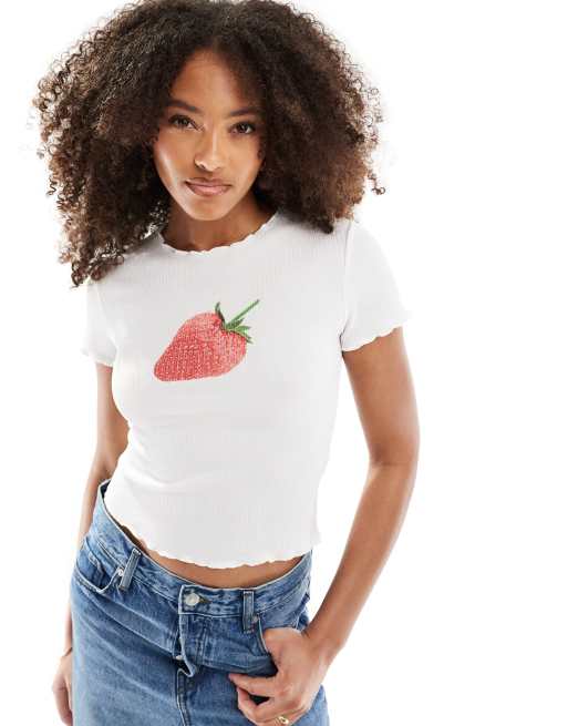 ASOS DESIGN - Top arricciato avorio con stampa di fragole