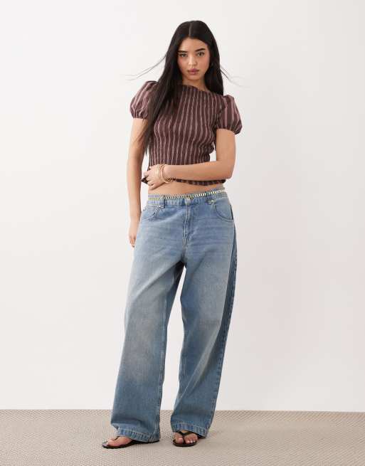 ASOS DESIGN - Top arricciato con maniche a sbuffo marrone a righe, 3 di 4