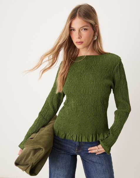 ASOS DESIGN - Top arricciato in popeline verde oliva con scollo a barchetta - view 1