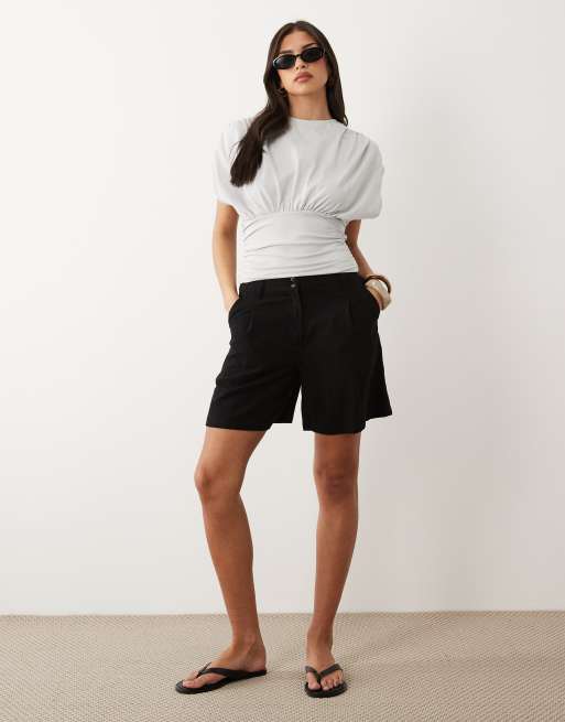 ASOS DESIGN - Top arricciato in vita grigio chiaro con maniche raccolte, 3 di 4
