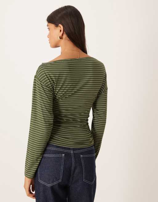 ASOS DESIGN - Top asimmetrico a maniche lunghe stretto in vita color oliva a righe, 4 di 4