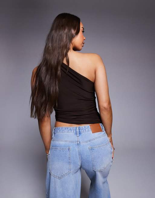 ASOS DESIGN - Top asimmetrico aderente marrone, 3 di 4