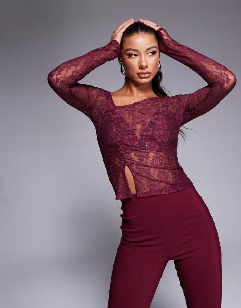 ASOS DESIGN - Top asimmetrico bordeaux in pizzo trasparente - view 1