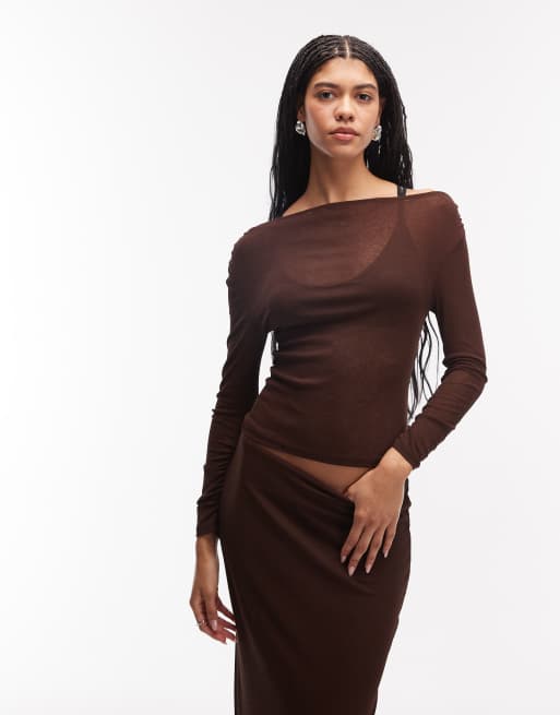 ASOS DESIGN - Top asimmetrico color cioccolato in coordinato